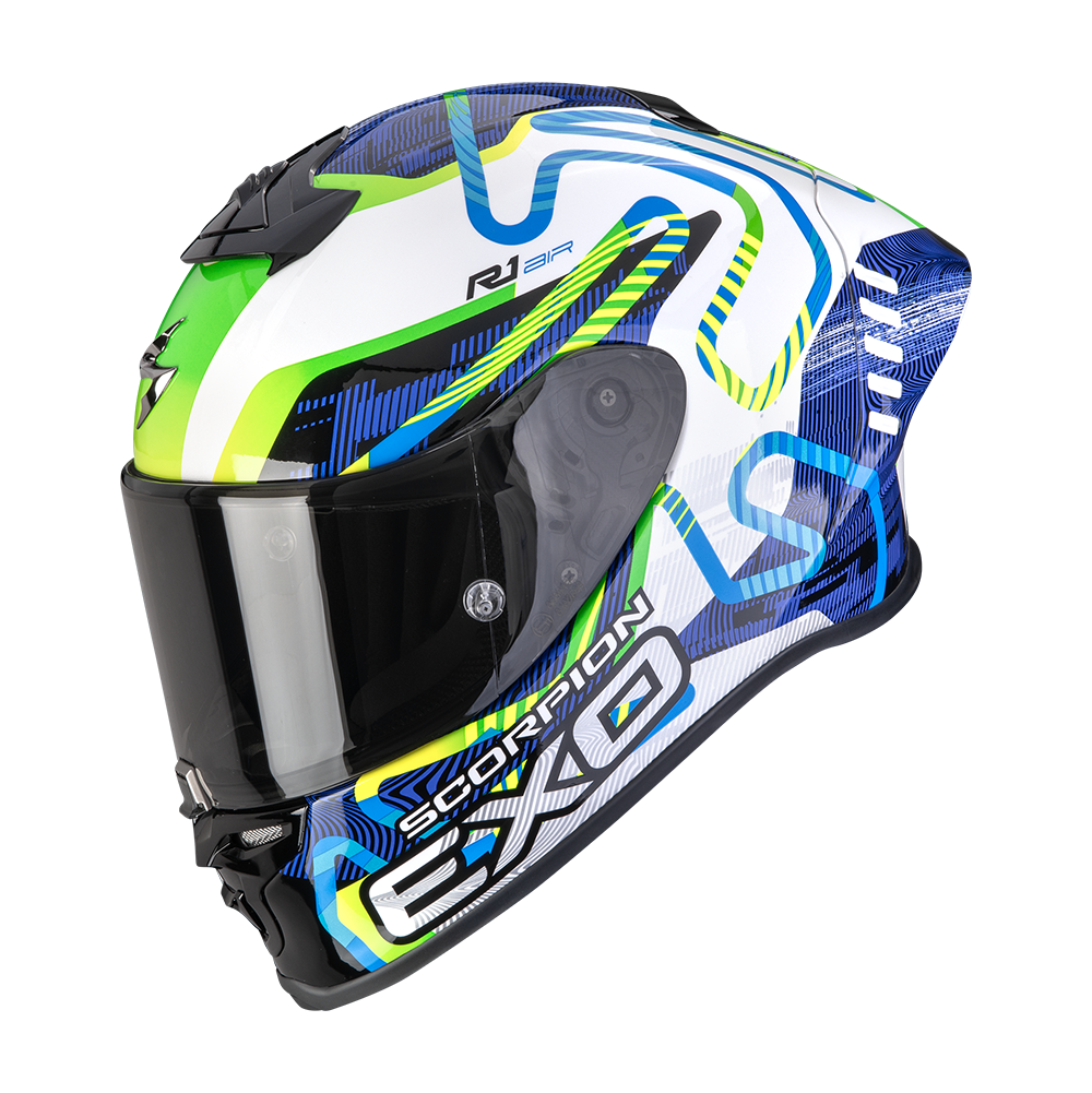 [111-537-387-04] Scorpion Exo-R1 Evo II Air Cornering White-Blue-Green (M)